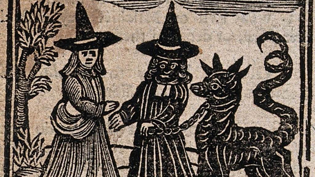 Grabado del siglo XVIII de dos brujas con bestia