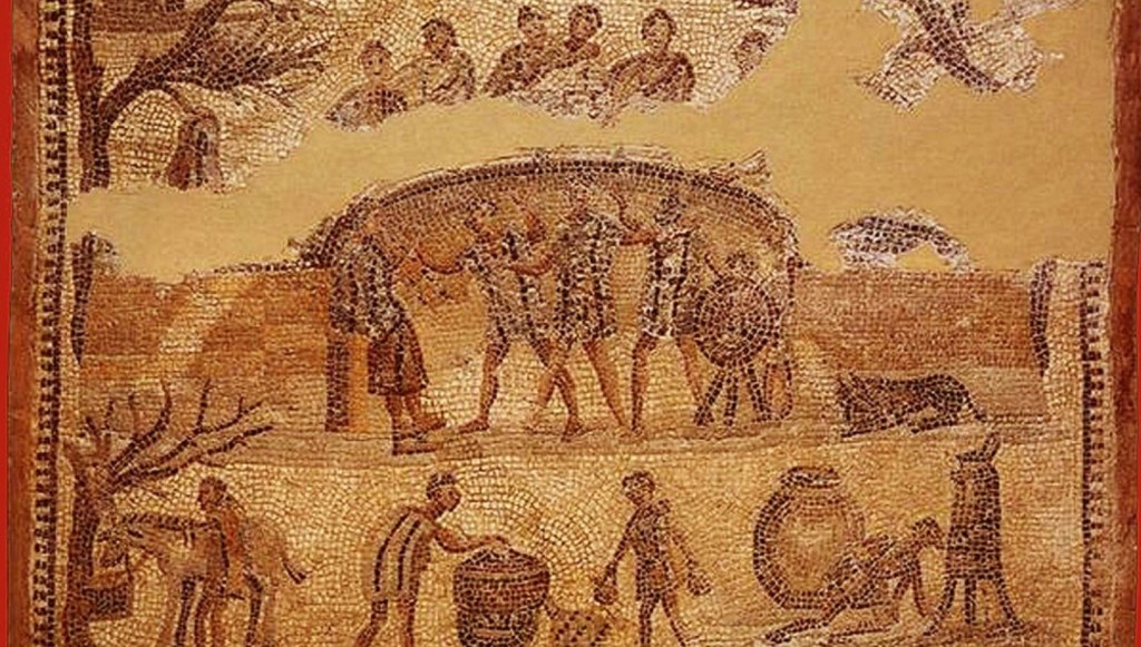 Mosaico con personas cocinando al aire libre