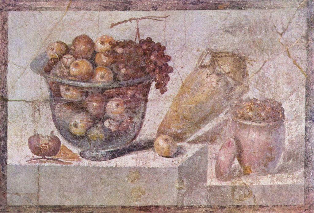 Fresco pompeyano con fruta y jarras