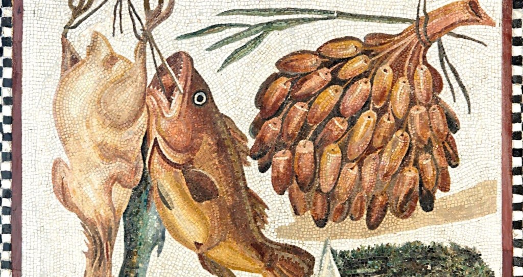 Mosaico romano con aves, peces y dátiles