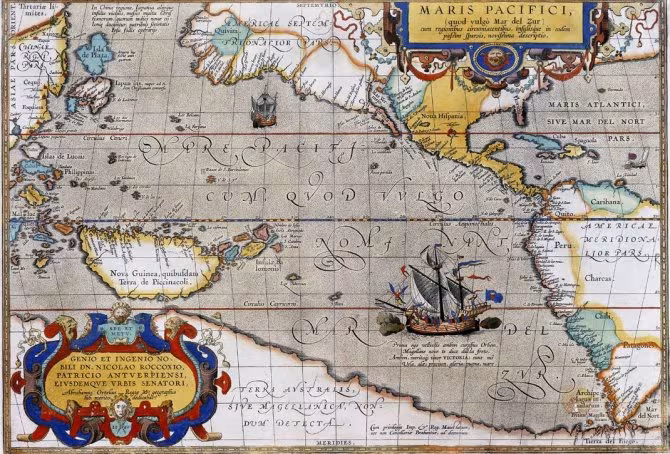 Este mapa del océano Pacífico muestra el barco de Magallanes