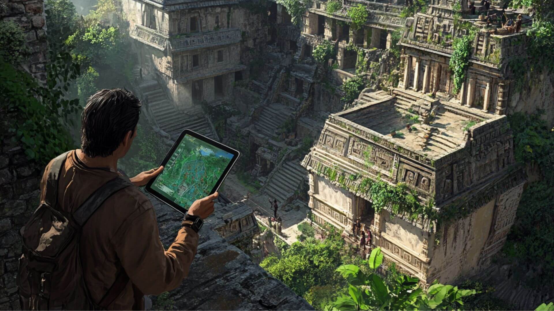 Vista imaginaria de un arqueólogo explorando una antigua ciudad maya desde una tablet, con un programa de mapeo aerero, el asentamiento destaca en la pantalla.