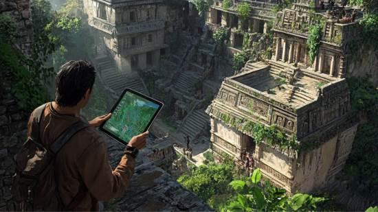Vista imaginaria de un arqueólogo explorando una antigua ciudad maya desde una tablet, con un programa de mapeo aerero, el asentamiento destaca en la pantalla.