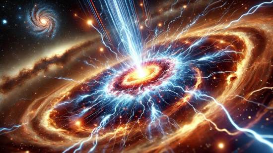 Fuente rayos gamma emergiendo del centro de una galaxia