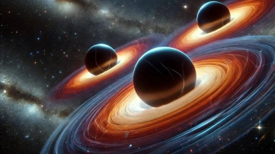 Tres agujeros negros representados como esferas oscuras con discos de acreción de gas brillante, orbitando en un sistema complejo en el espacio profundo, con un fondo lleno de estrellas distantes y nebulosas.