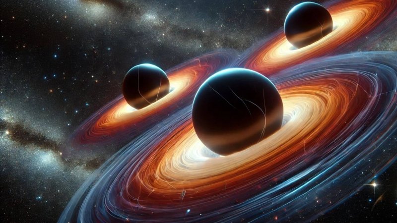 Tres agujeros negros representados como esferas oscuras con discos de acreción de gas brillante, orbitando en un sistema complejo en el espacio profundo, con un fondo lleno de estrellas distantes y nebulosas.