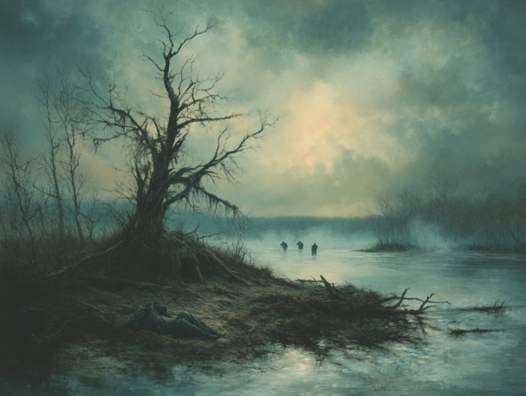 La isla, un entorno hostil y pantanoso, carecía de refugios, y los deportados llegaron sin herramientas, alimentos ni ropa adecuada para el frío. Fuente: Midjourney / Álvaro R. de la Rubia