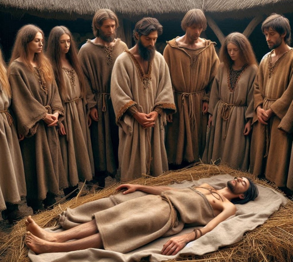 Imagen fantasiosa de una comunidad celebrando un rito fúnebre