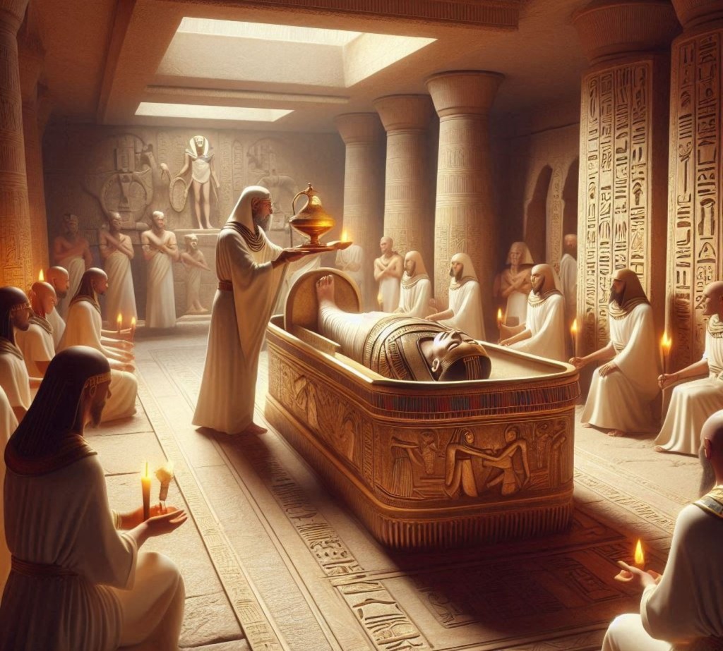 Recreación fantasiosa de un grupo de sacerdotes egipcios oficiando un funeral