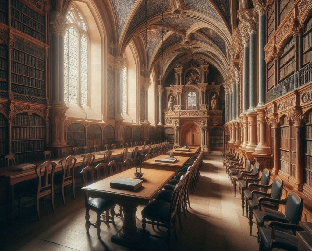 Biblioteca con numerosos volúmenes antiguos