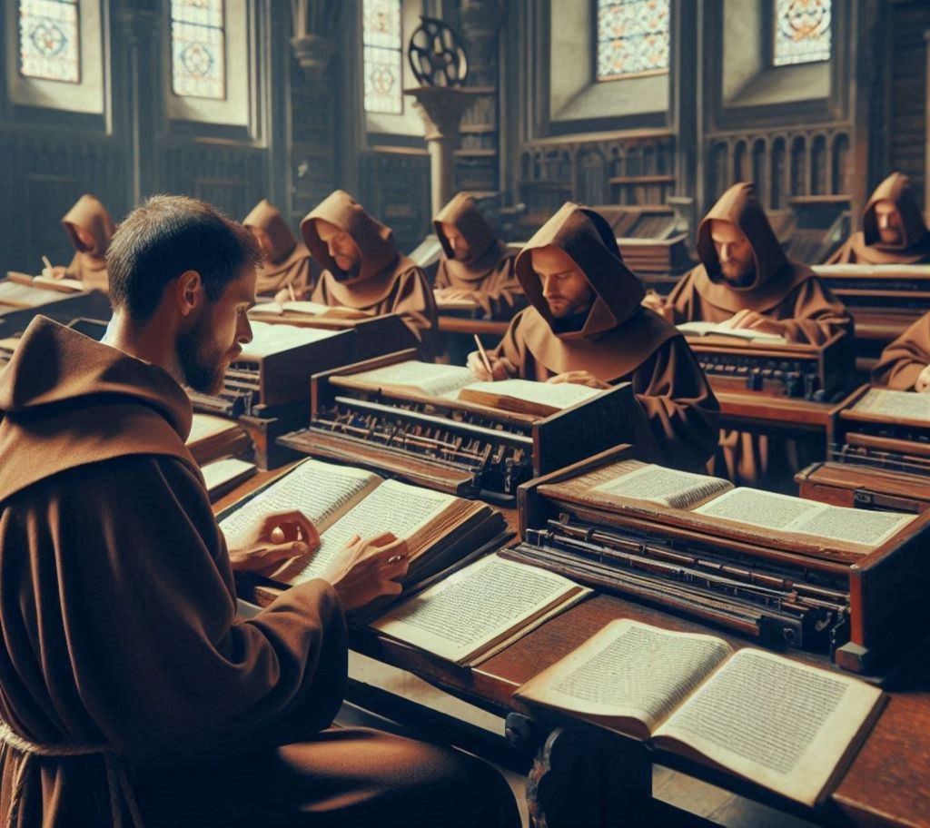 Monjes en un scriptorium, recreación fantasiosa