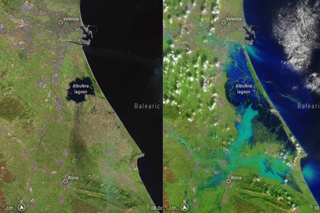 Imágenes de satélite de la zona de Valencia, antes y después de la DANA de octubre de 2024.