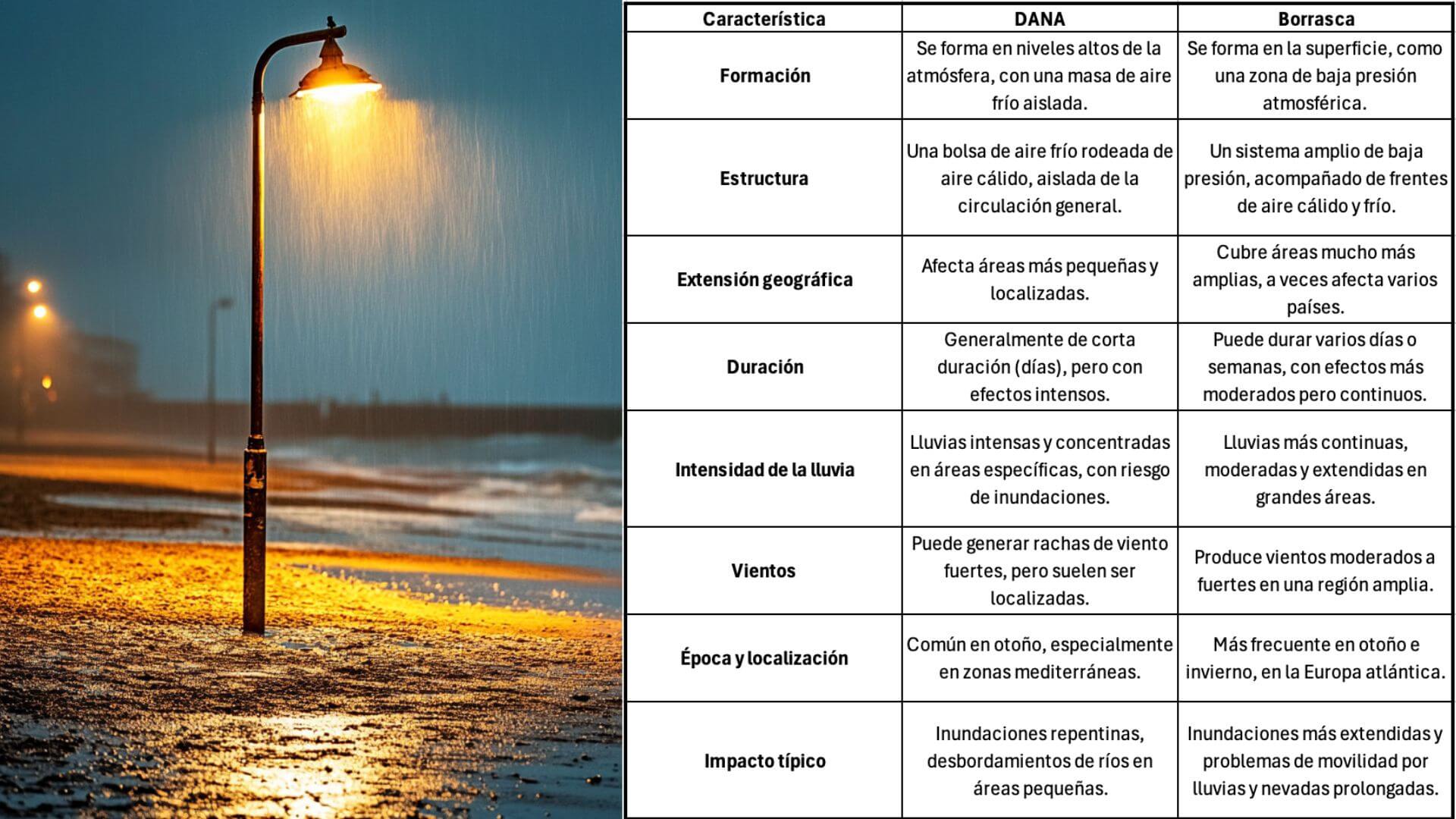 Lluvia, farola y tabla con diferencias DANA vs. borrasca