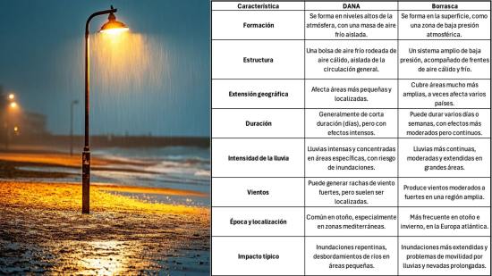 Lluvia, farola y tabla con diferencias DANA vs. borrasca