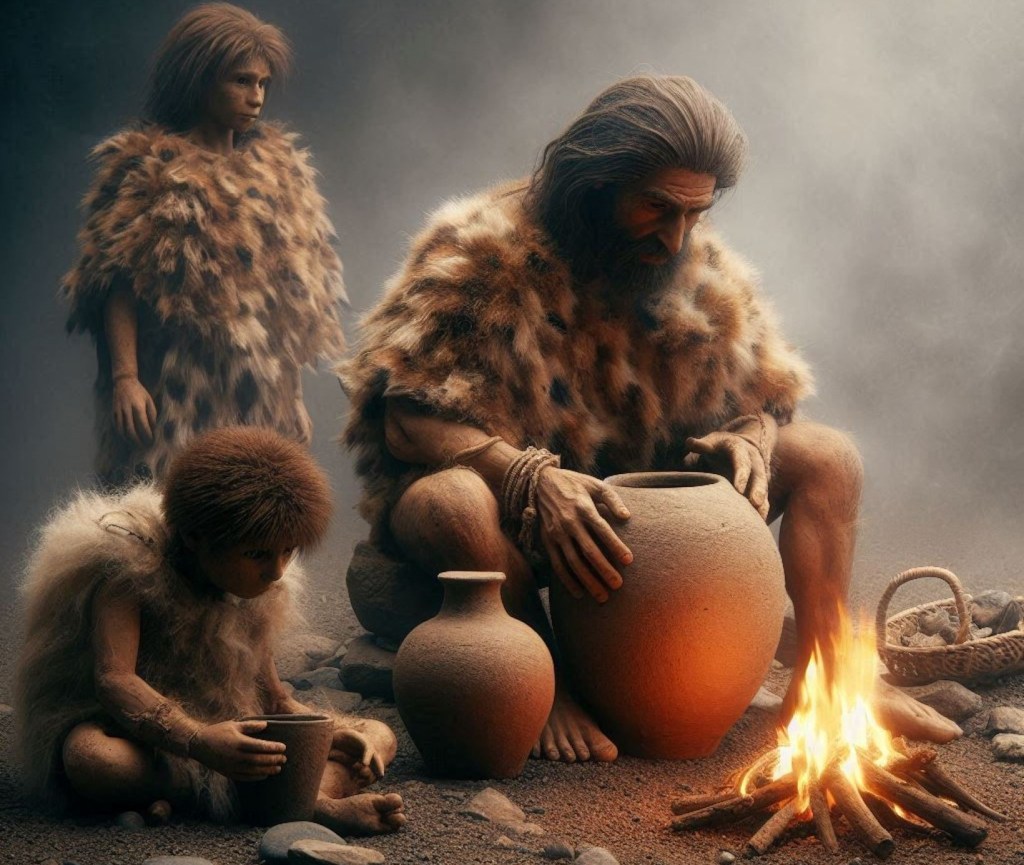 Recreación ficticia de una  grupo humano prehistórico elaborando cerámica