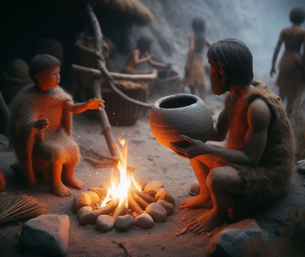 Recreación fantasiosa de comunidad en el Paleolítico