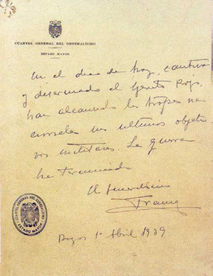Parte de Franco del 1 de abril de 1939