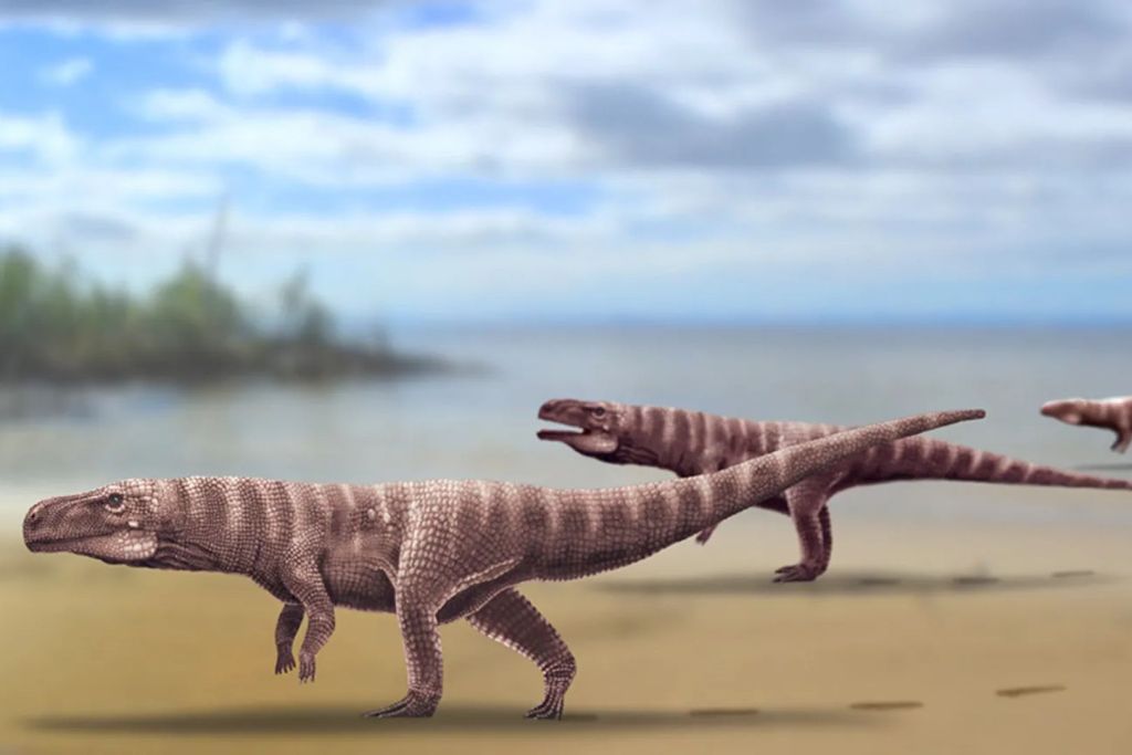 Reconstrucción artística de cocodrilos bípedos del Cretácico en su hábitat natural junto a un lago
