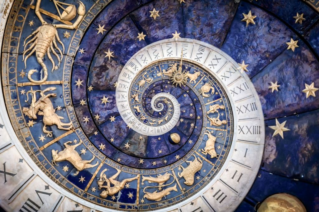 Detalle de un reloj astronómico con signos zodiacales en espiral dorada sobre un fondo azul estrellado, representando la simbología clásica de la astrología y su conexión con los ciclos celestes
