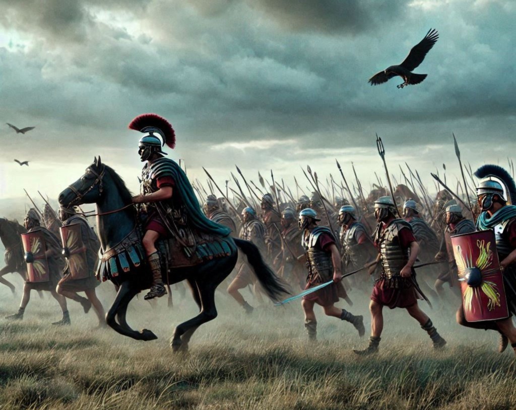 Recreación fantástica de los soldados romanos avanzando para enfrentarse a los partos