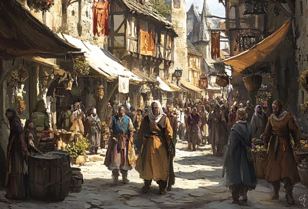 Recreación fantasiosa del ajetreo de una villa medieval