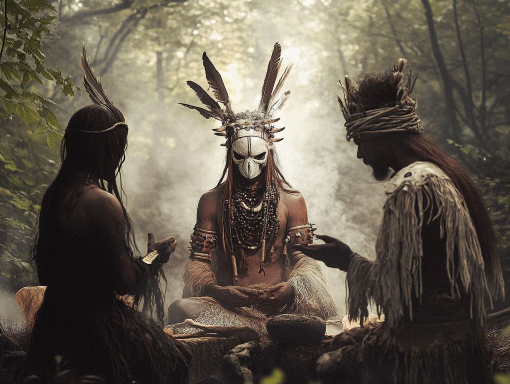 Recreación ficticia de tres personas que participan en una ceremonia chamánica