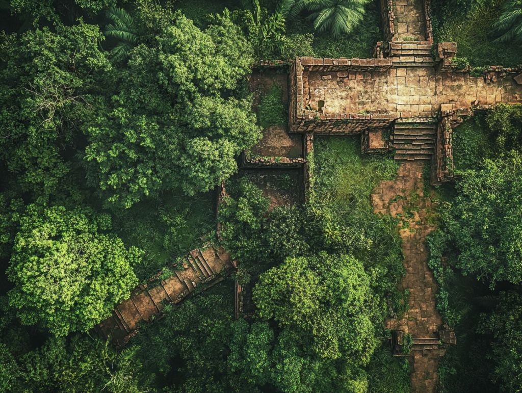 Recreación ficticia de una ciudad precolombina en la selva