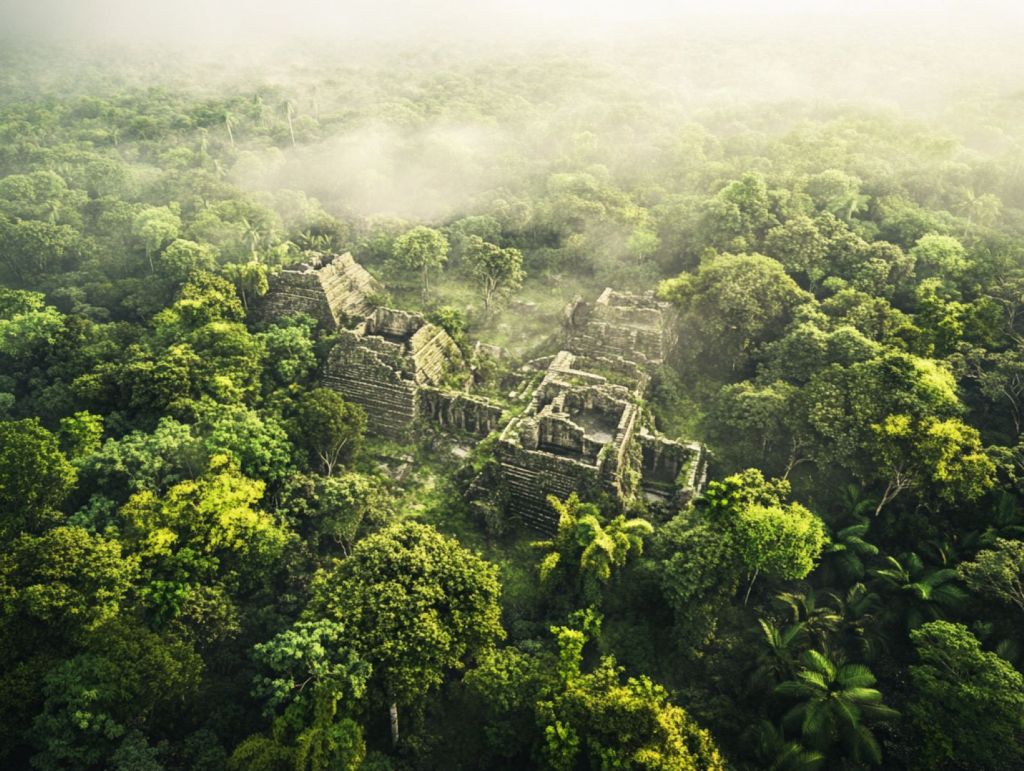 Recreación ficticia de ruinas despuntando en la selva