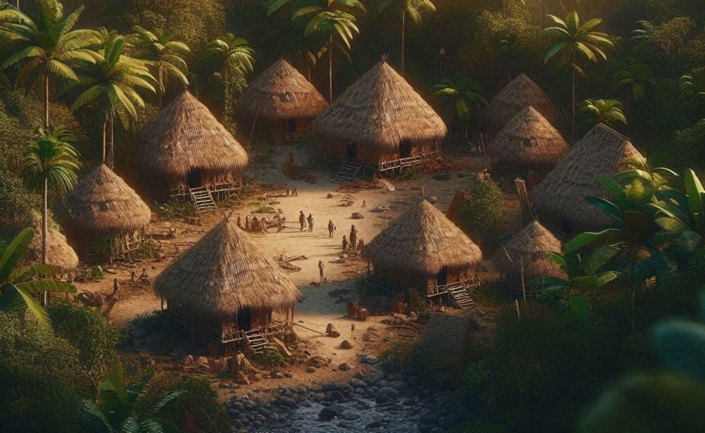 Recreación ficticia de cabañas de hoja de palma en medio de la selva