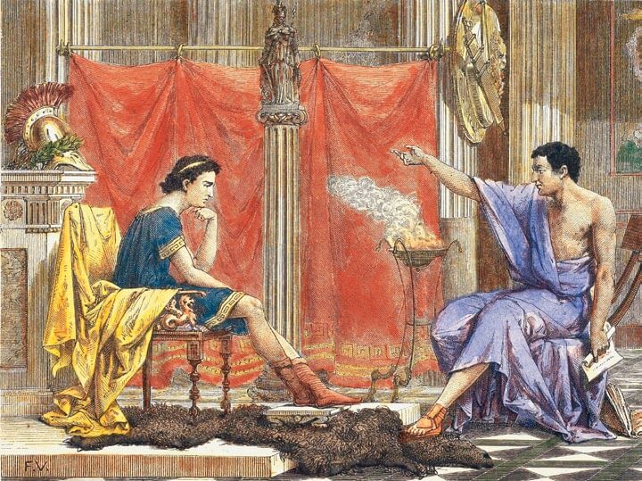 Aristóteles y Alejandro Magno en un grabado francés