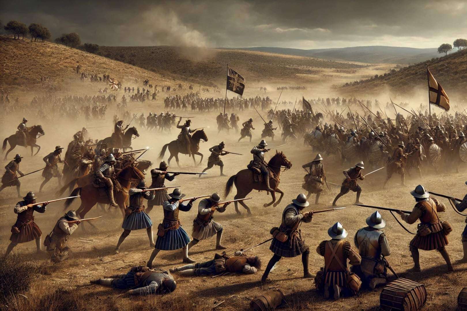 Escena de la Batalla de Montijo (1644), donde las tropas portuguesas y españolas se enfrentaron en un tenso combate cuerpo a cuerpo