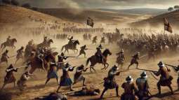 Escena de la Batalla de Montijo (1644), donde las tropas portuguesas y españolas se enfrentaron en un tenso combate cuerpo a cuerpo