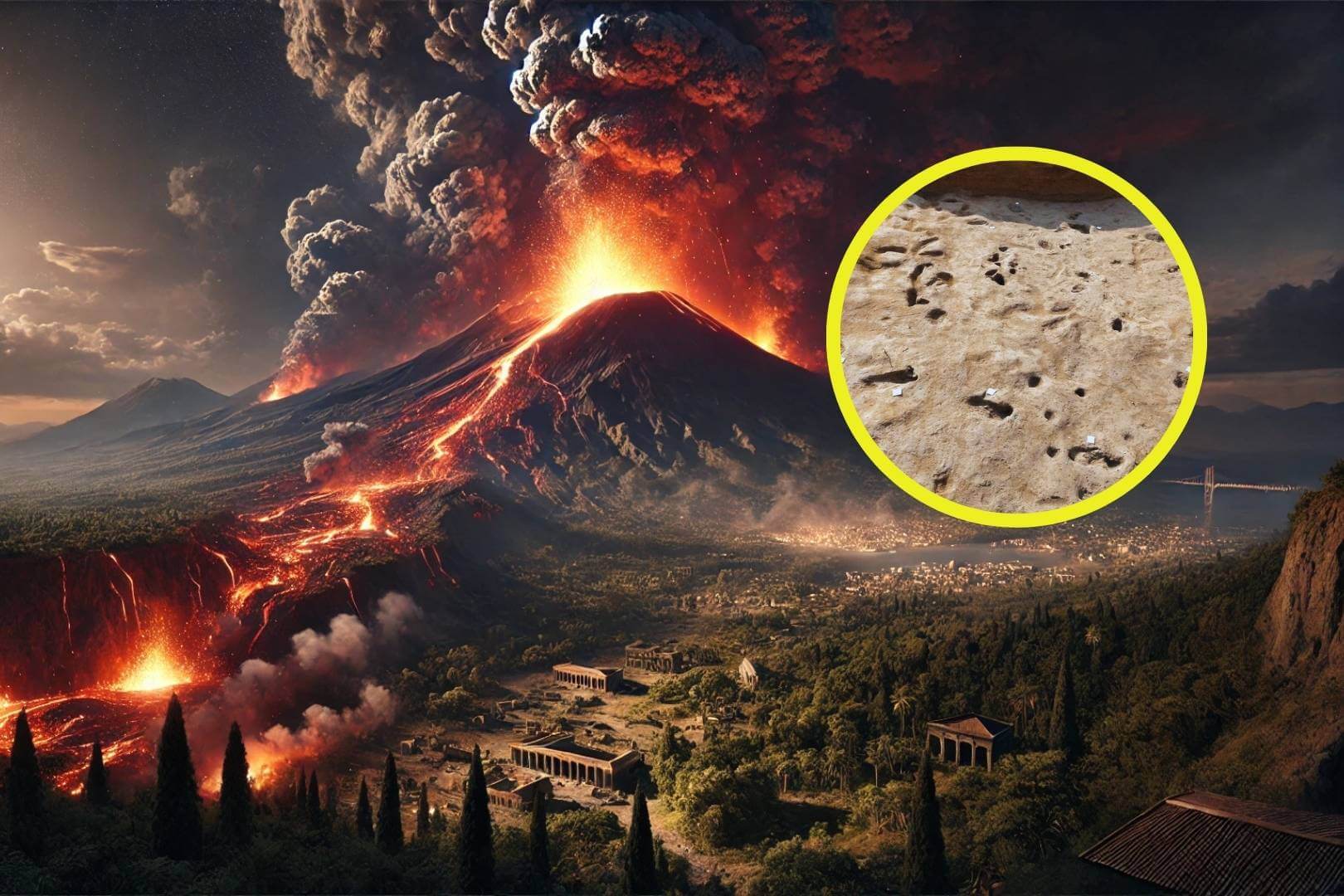 Una erupción del Vesubio mucho antes de Pompeya dejó huellas humanas y animales. Ilustración artística de una erupción del Vesubio