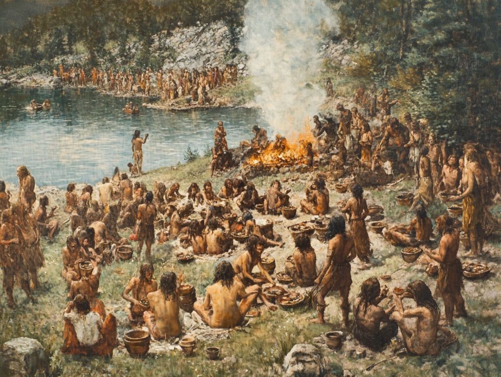 Recreación ficticia de un grupo de personas de la prehistoria comiendo y bebiendo junto a un lago