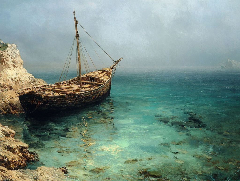 Barco en la orilla, recreación artística