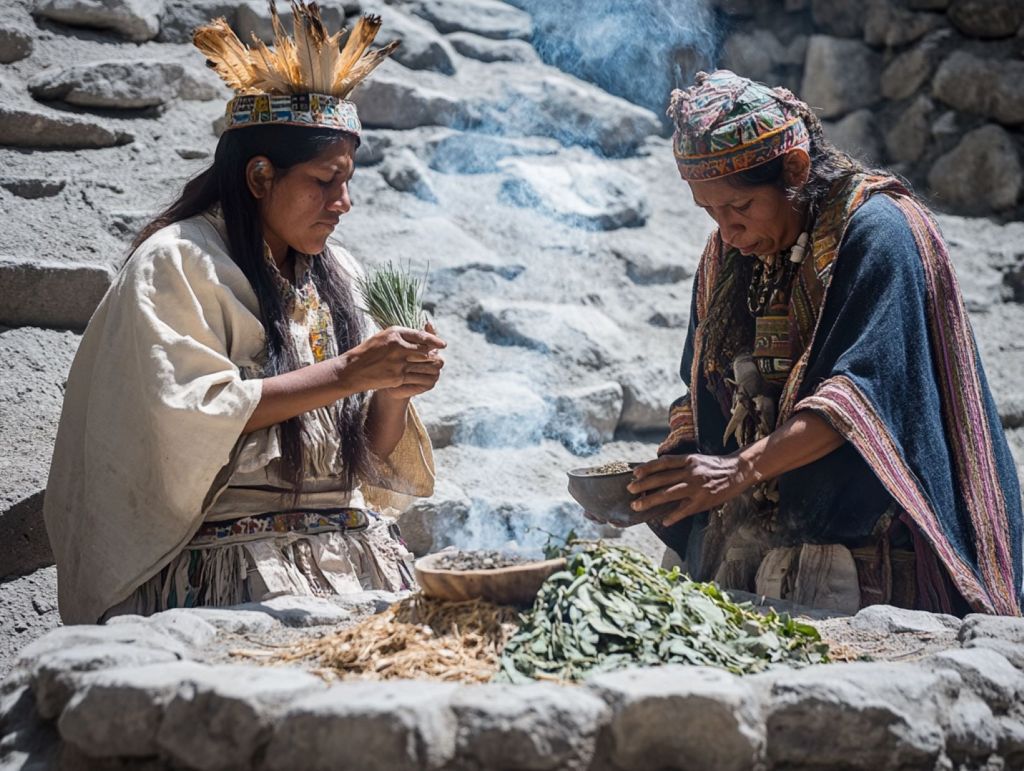 Recreación ficticia de dos miembros de la sociedad Caral recogiendo plantas y semillas