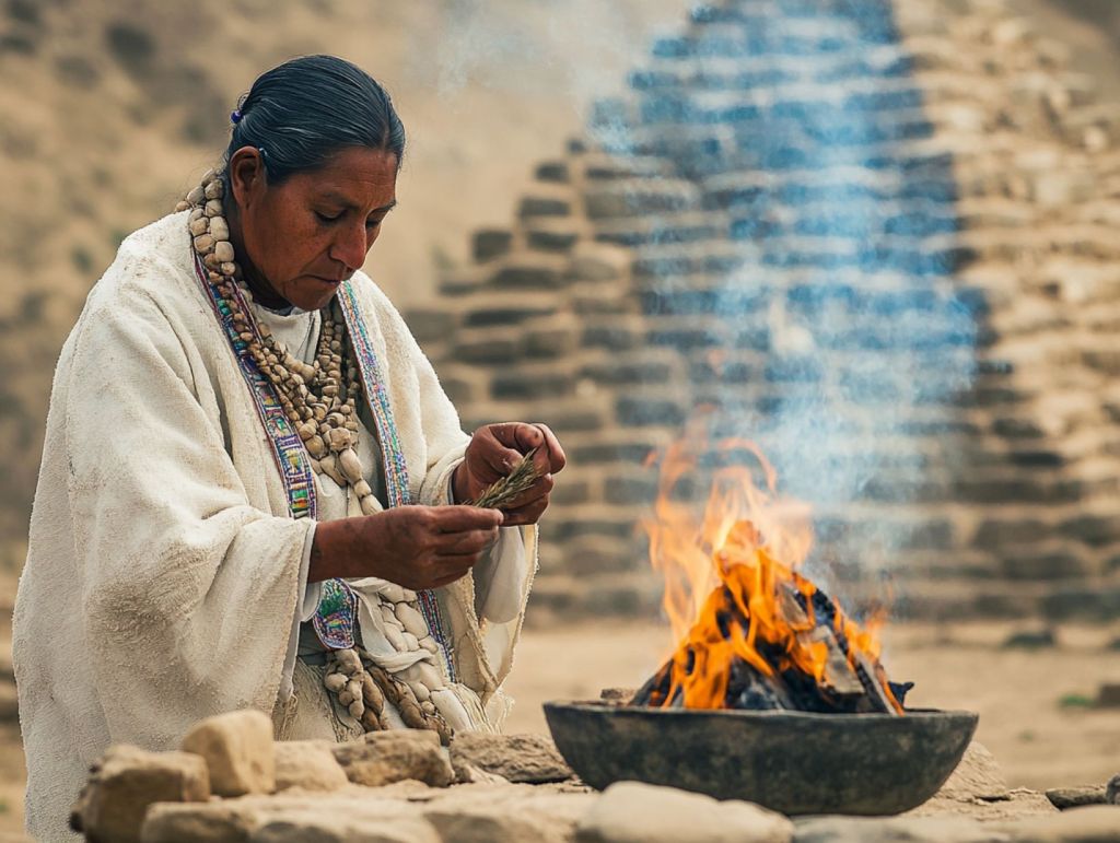 Recreació ficticia de un ritual con fuego en Caral