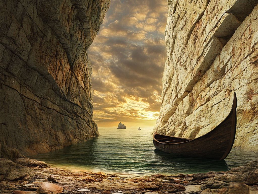 Nave flotando en el mar entre dos paredes de roca