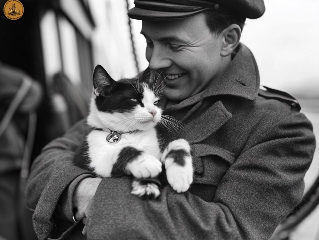 Oficial británico de la Segunda Guerra Mundial con un gato, recreación ficticia