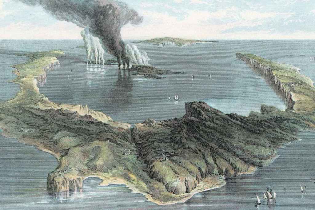 Representación del volcán de Thera, la actual Santorini, en plena erupción durante el siglo XIX en el mar Egeo