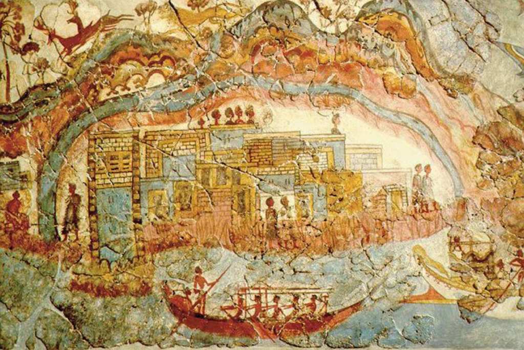 Fresco hallado en las ruinas de Akrotiri, en Santorini, Grecia. La pintura mural retrata un puerto de la civilización cicládica en la Edad de Bronce