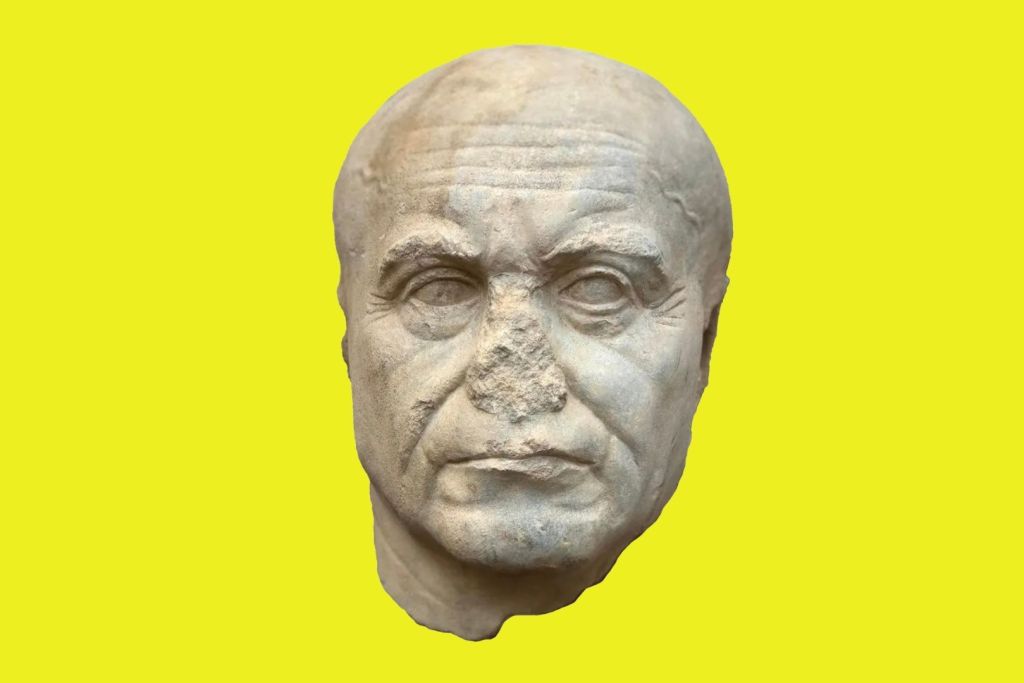 Con un tamaño que duplica el de un cráneo humano, esta antigua cabeza de mármol probablemente formaba parte de una imponente estatua que dominaba un edificio público o una plaza