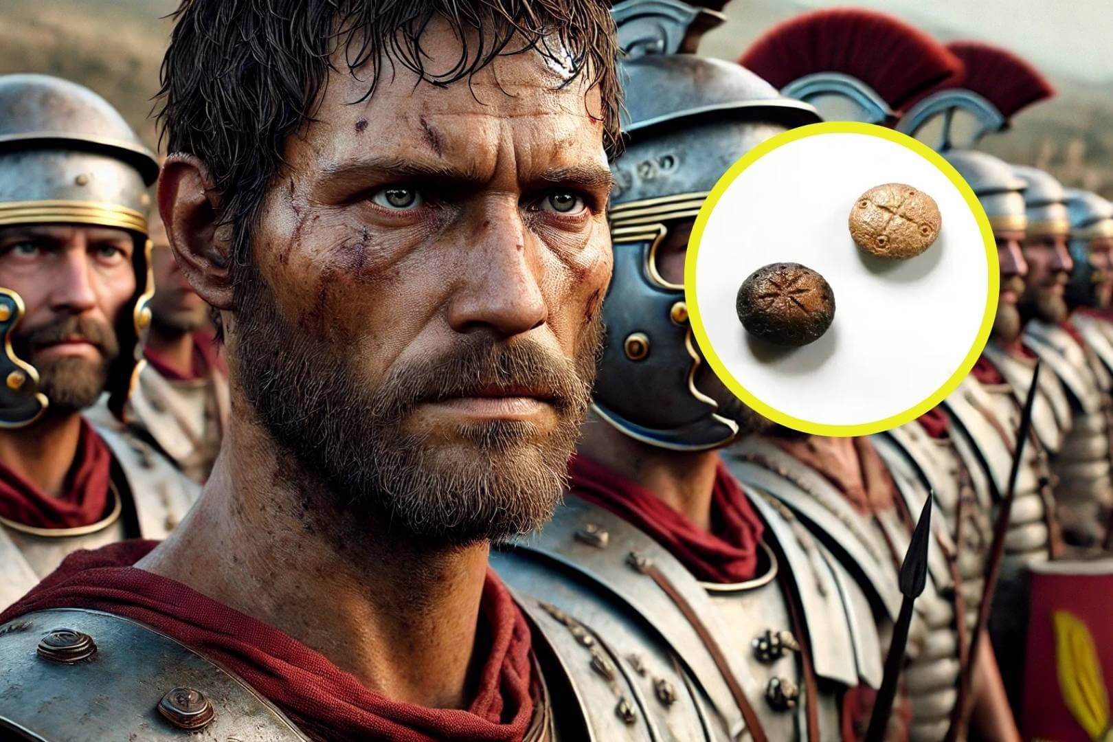 Las piezas con forma ovalada fueron halladas en las excavaciones de Hadrianópolis, una histórica ciudad en la actual Turquía que en su tiempo sirvió como bastión militar romano. Ilustración artística de un soldado romano