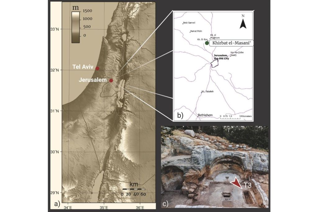 Un mapa del sitio del hallazgo, mostrando una vista ampliada de la zona arqueológica de Khirbat el-Masani