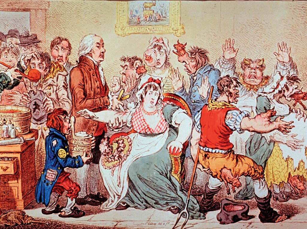 Caricatura del médico inglés Jennner poniendo una vacuna contra la viruela