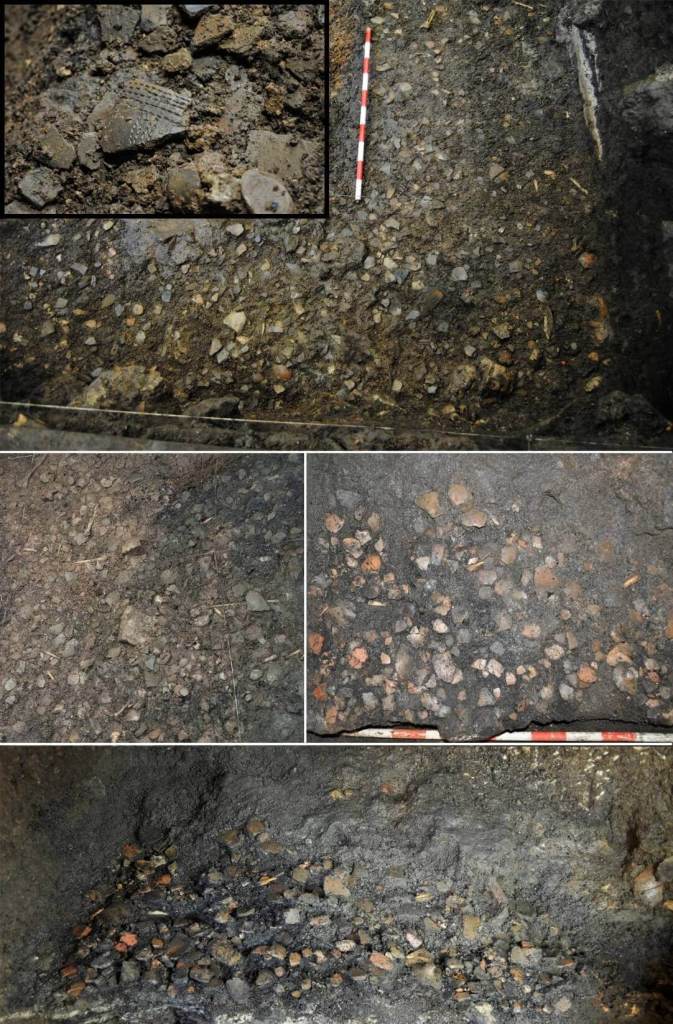 Diferentes imágenes del suelo de cerámicas descubierto en la cueva de El Trocs.