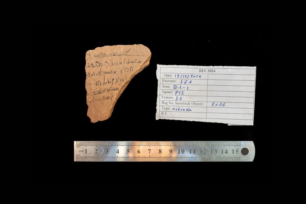 Un fragmento de cerámica, conocido como ostracón, con inscripciones en escritura demótica egipcia