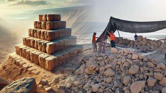 Reconstrucción artística y vista real de la excavación en Nahal Zohar, donde arqueólogos israelíes desentierran una estructura helenística de 2.200 años, en lo alto del desierto junto al mar Muerto