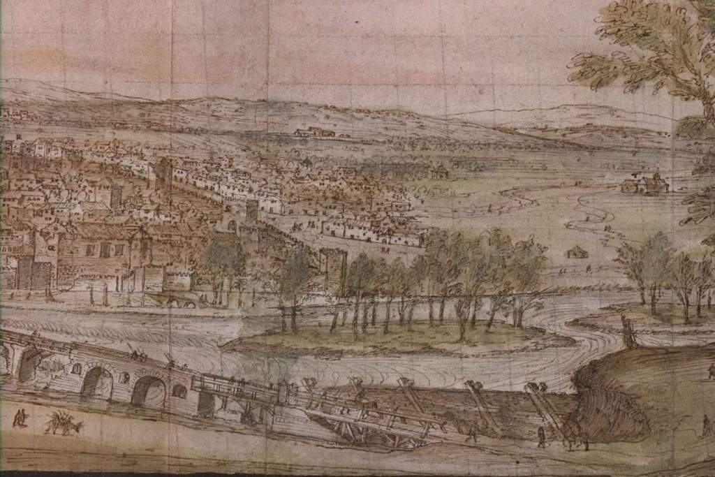 Perspectiva de Talavera con el Puente Viejo en primer plano, según un dibujo realizado por el artista flamenco Antón van den Wyngaerde, quien a partir de 1561 recorrió España capturando, por encargo de Felipe II, más de sesenta vistas detalladas de ciudades y villas del reino