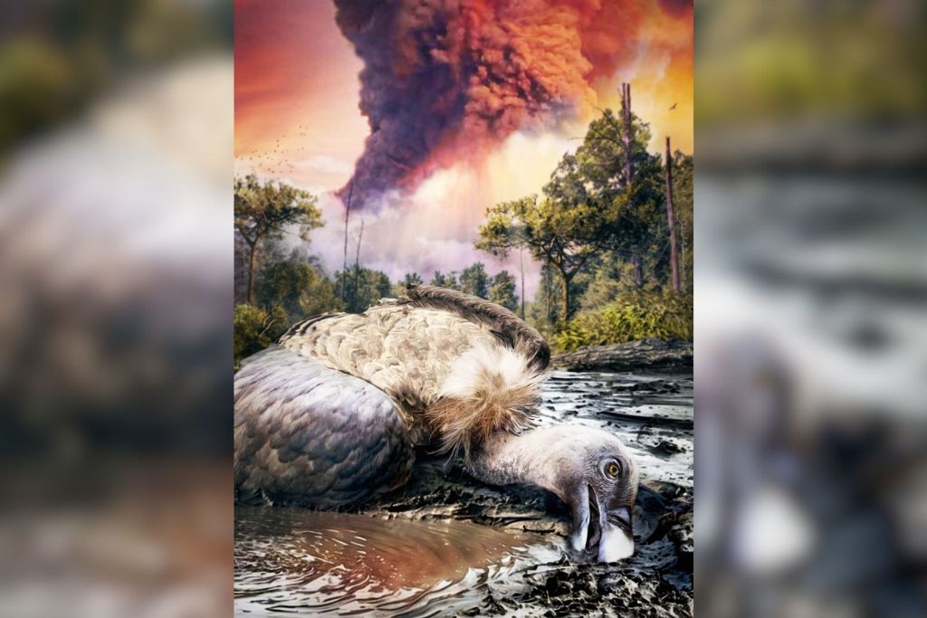 Esta ilustración recrea cómo pudo ser el momento en que el buitre quedó atrapado por la nube de ceniza volcánica